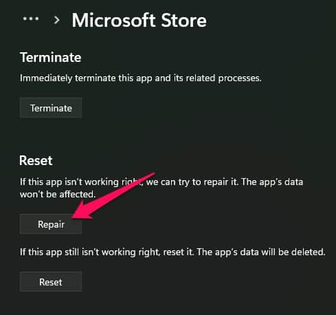 Repair Microsoft Store