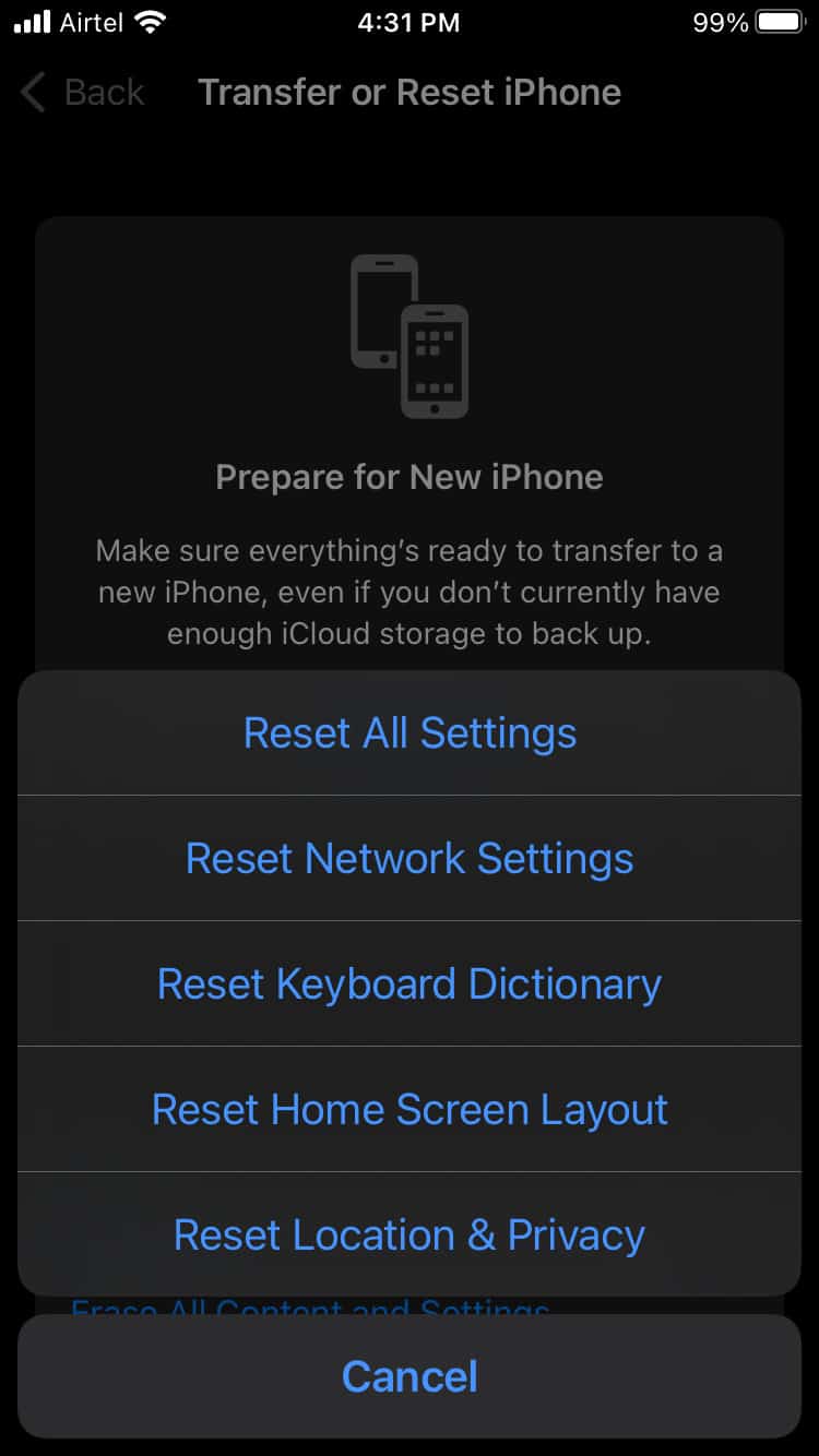 Reset Network Settings iOS