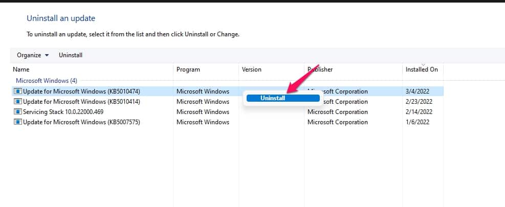 Uninstall previous update