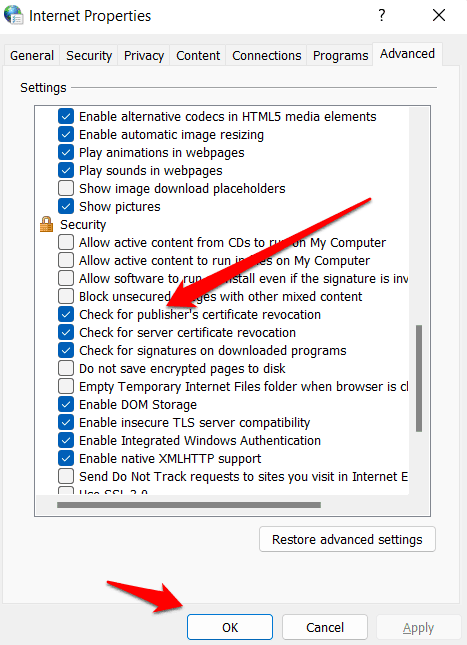 Turning off Check for Server Certificate Revocation